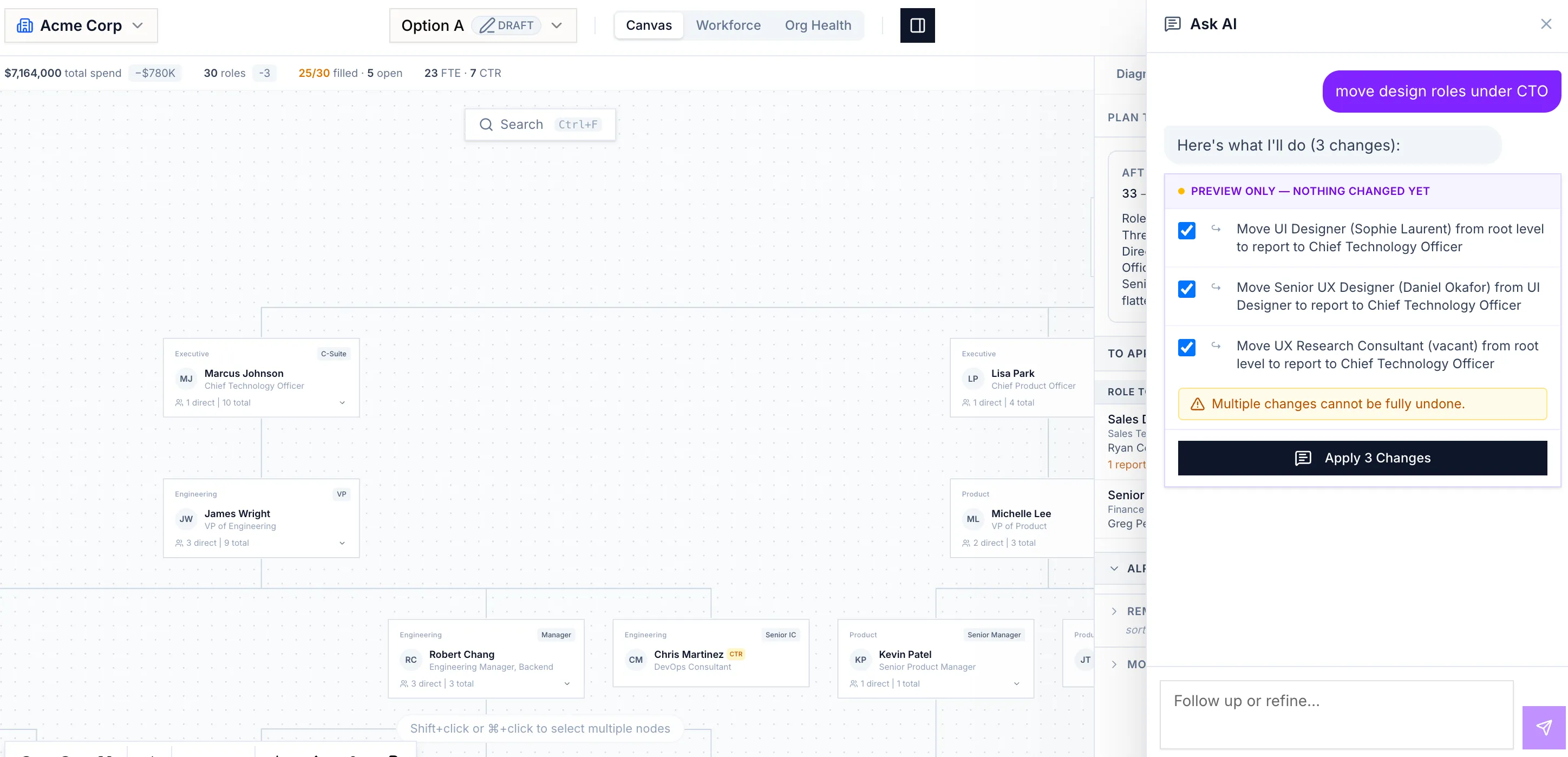 AI editor panel proposing an org change with a preview before it is applied.