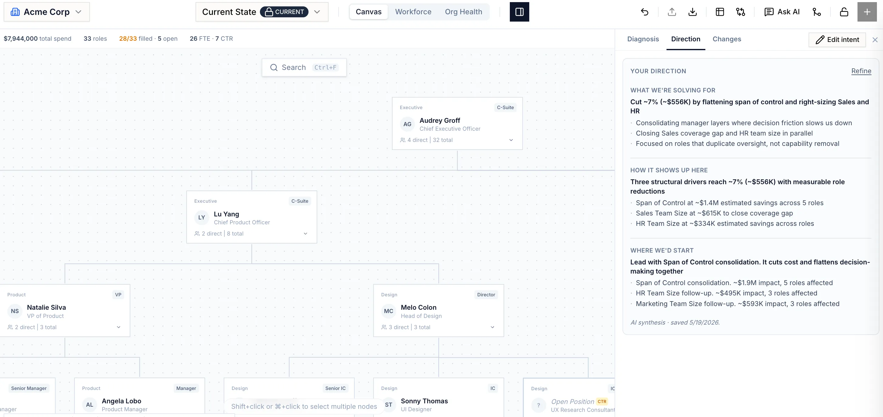 AI-generated direction summarizing what to solve for, how the savings add up, and where to start.