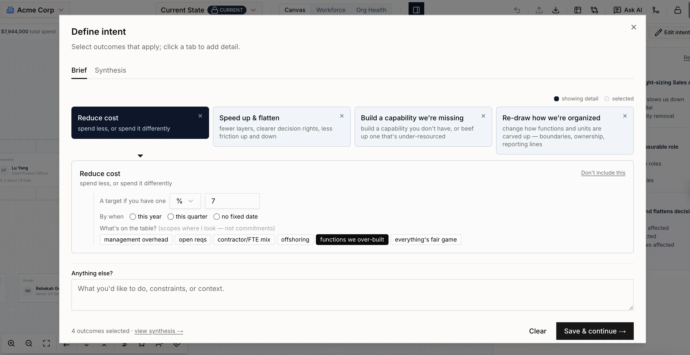 Define intent screen with a 2x2 grid of outcome themes and per-theme follow-up options.