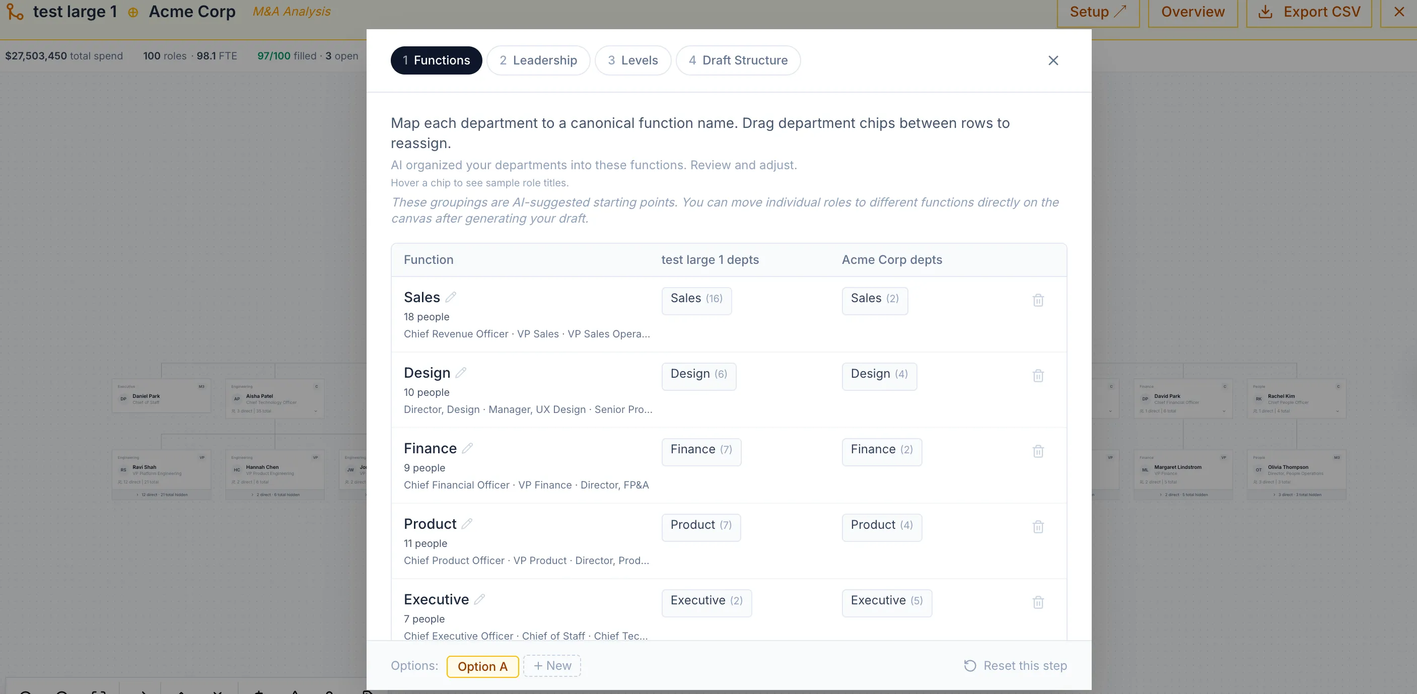 M&A function-mapping screen aligning departments across two organizations.