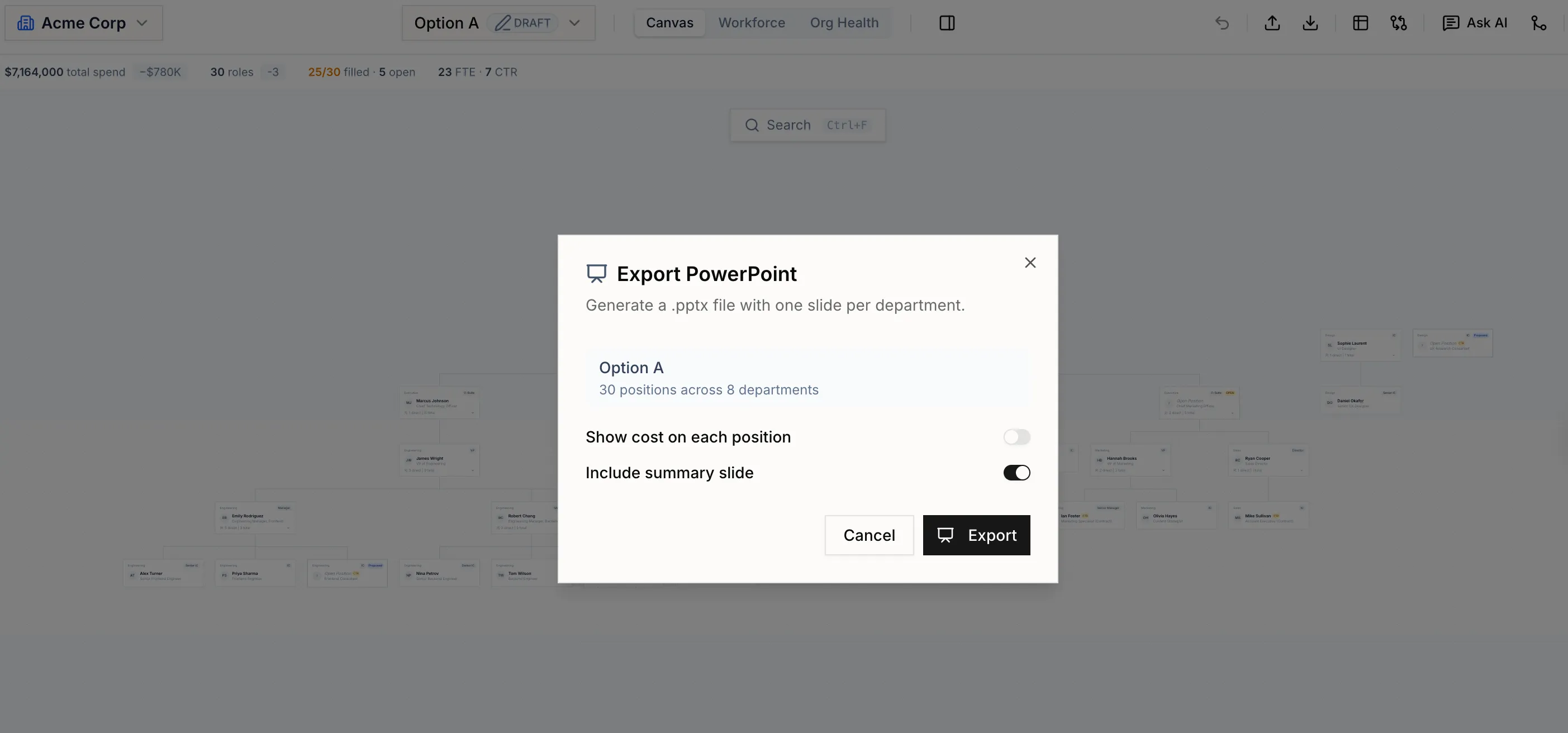 PowerPoint export dialog generating a leadership deck from the plan.